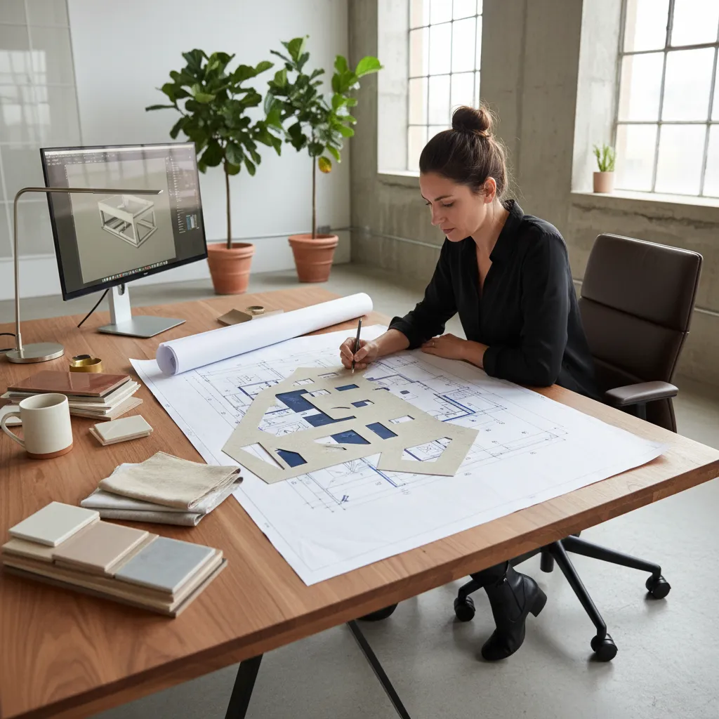 Diseñador revisando un currículum creativo junto a planos de interiorismo