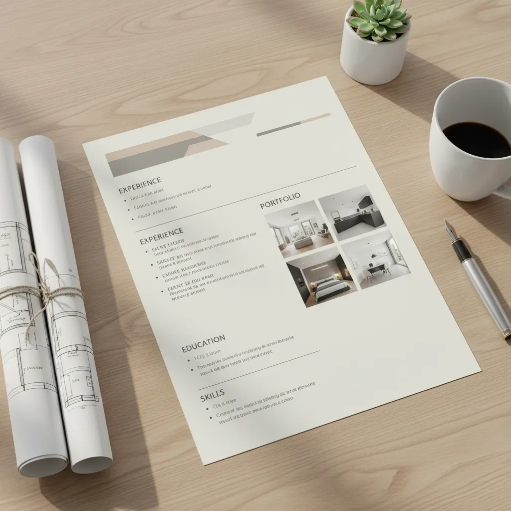 Ejemplo visual de curriculum de diseñadora de interiores con miniaturas de proyectos