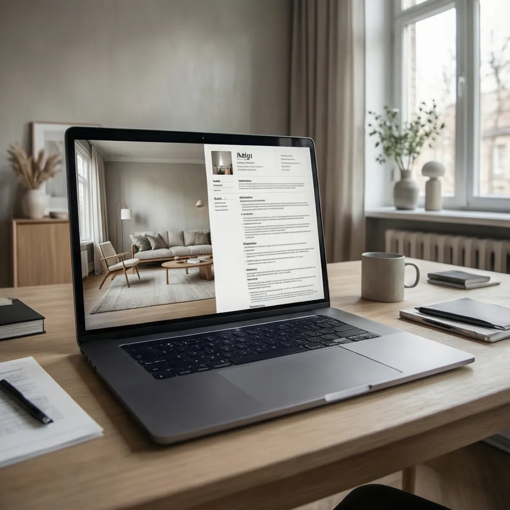 Curriculum visual minimalista para diseñador de interiores en pantalla de portátil