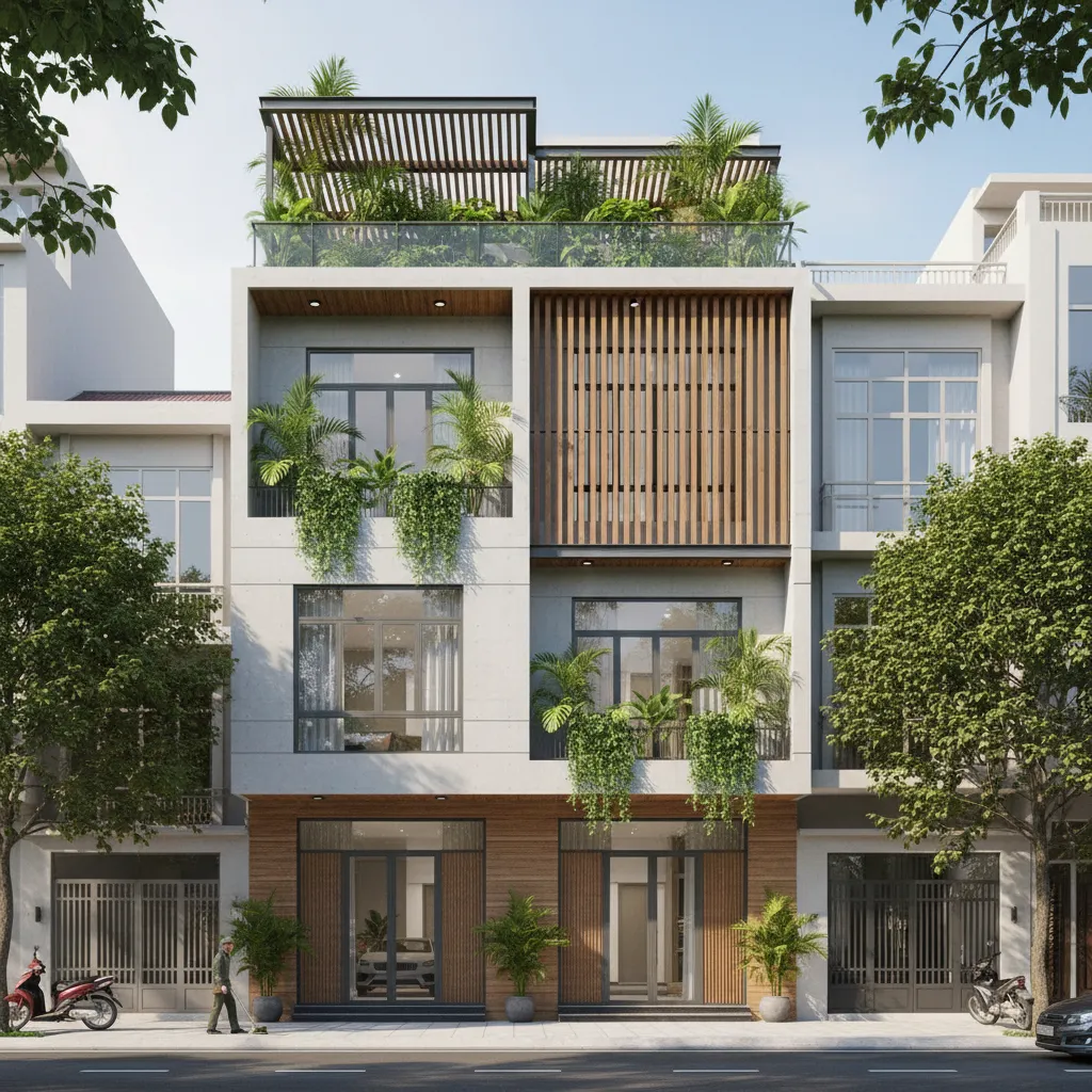 Modern townhouse exterior in Da Nang residential neighborhood