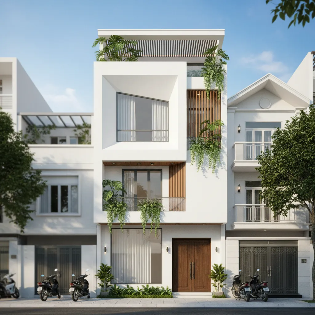 Ví dụ thiết kế nhà phố hiện đại tại Đà Nẵng với ban công cây xanh