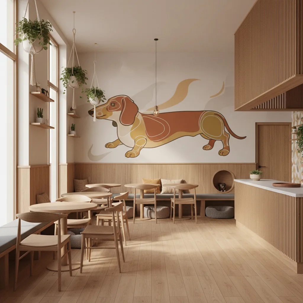 Pet cafe interior featuring dachshund mural and themed seating