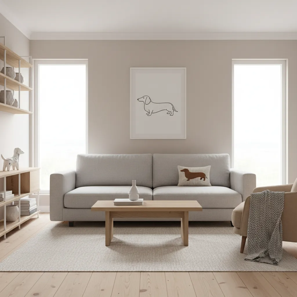Stylish living room featuring subtle dachshund themed decorations