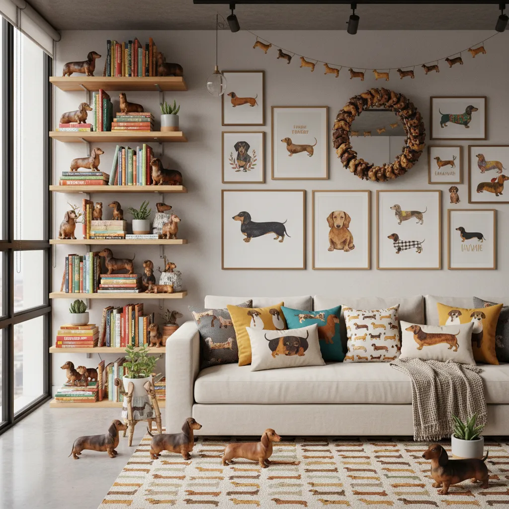 Living room with too many dachshund decorations creating visual clutter