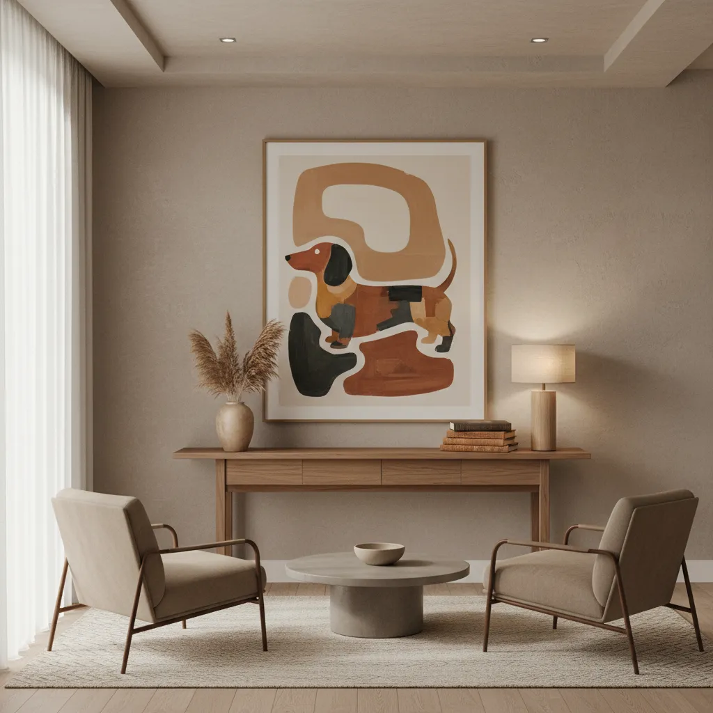 Interior example showing dachshund decor matching neutral color palette