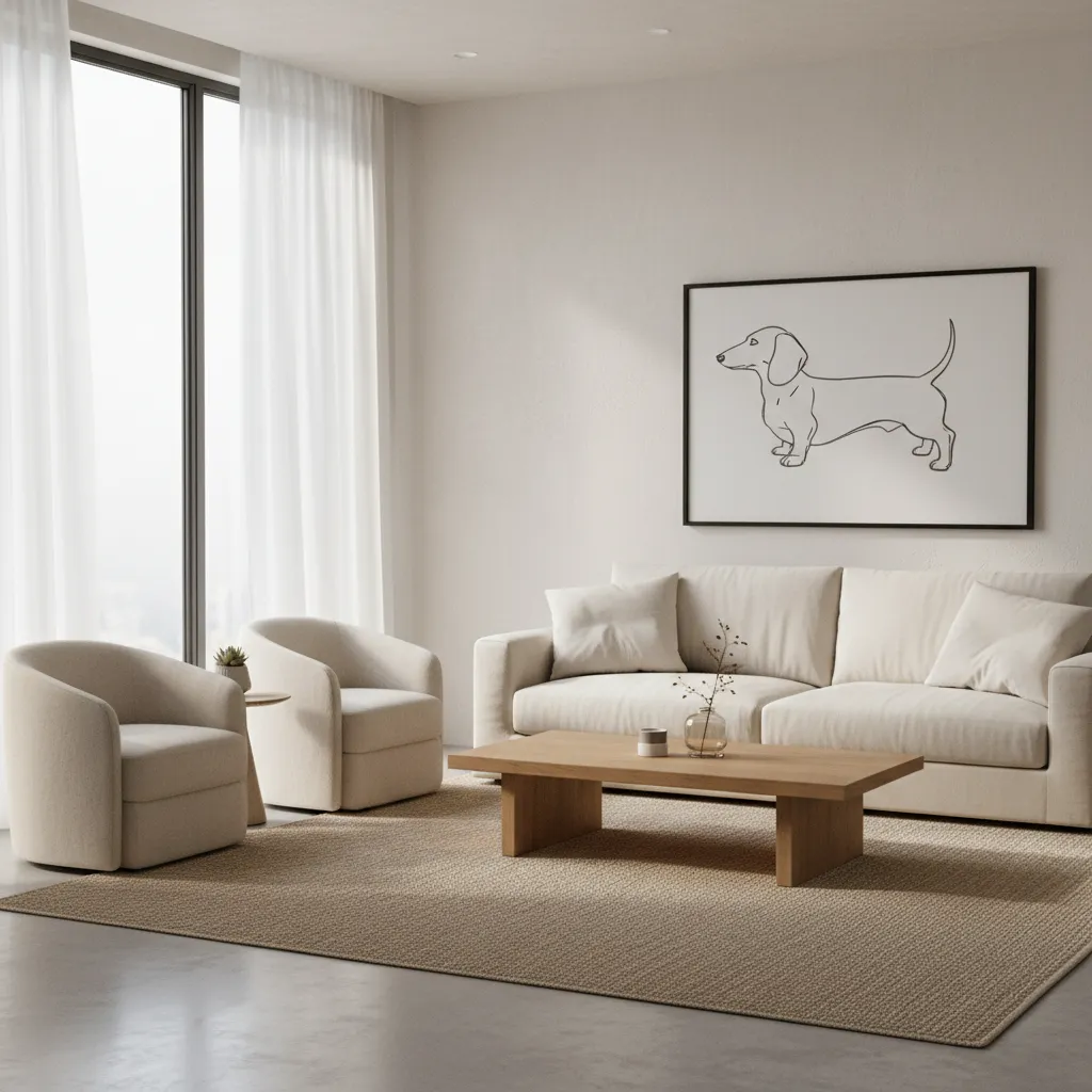 Living room with a single dachshund themed focal point above sofa