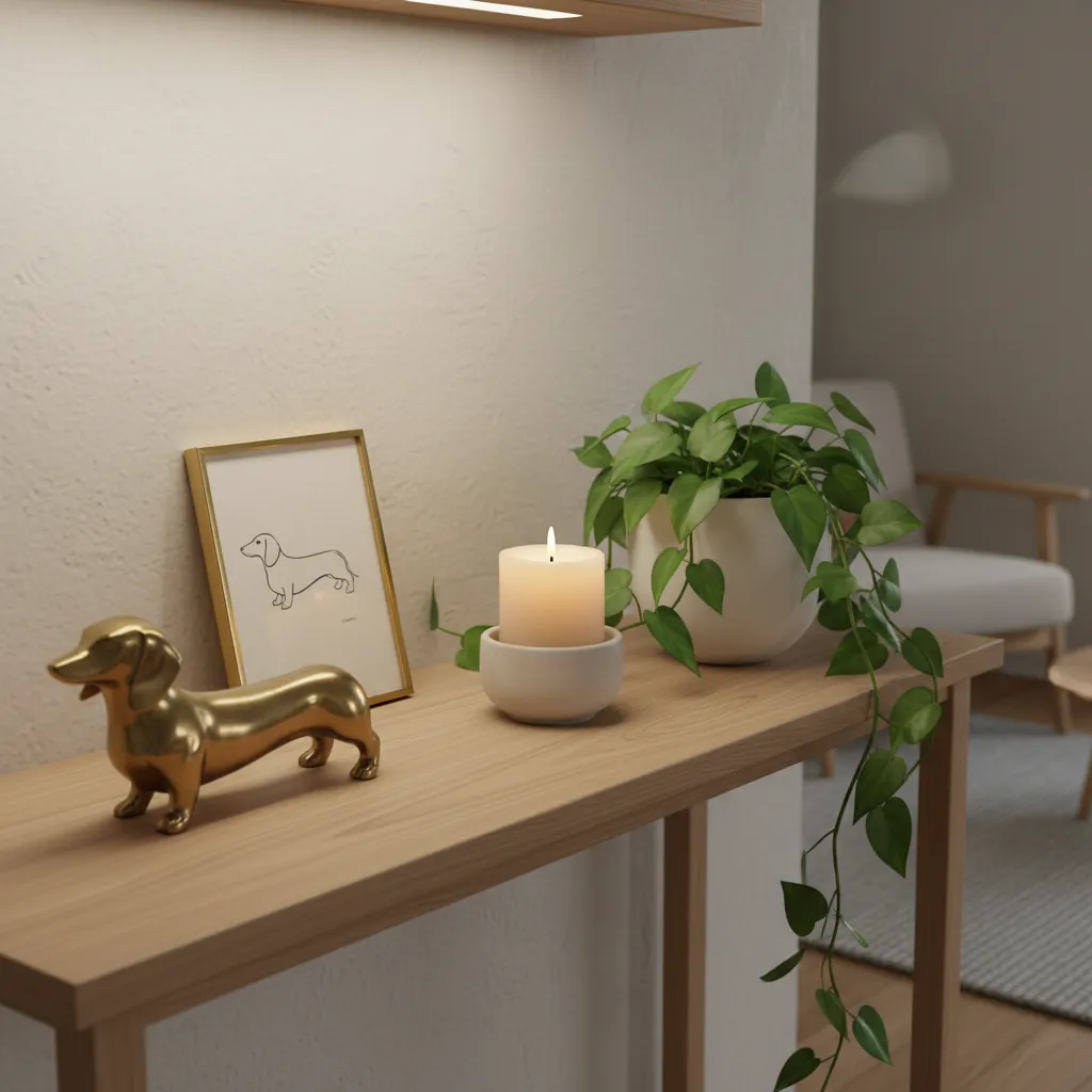 Decorative shelf styled with dachshund figurine framed art and plant