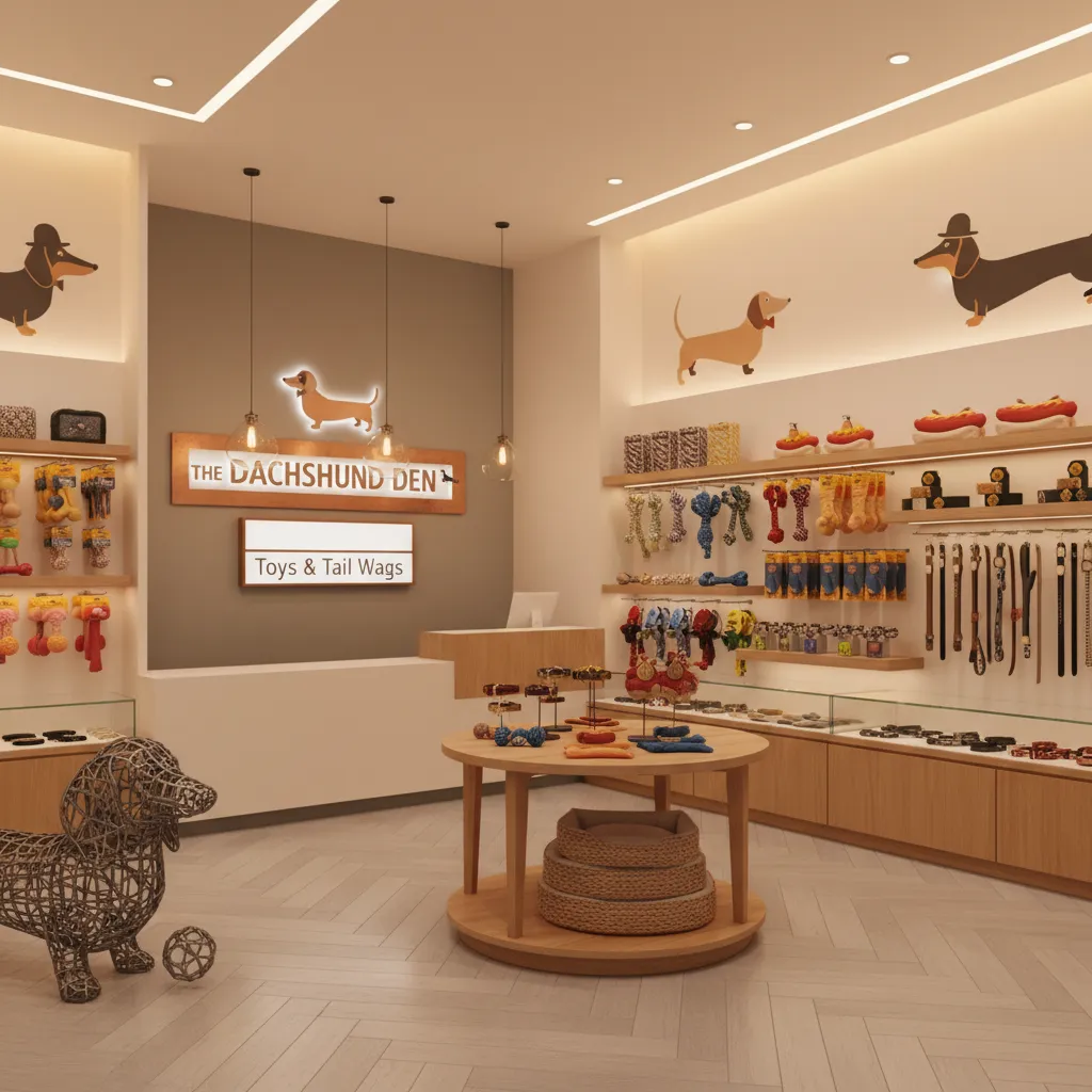 Pet store interior using dachshund branding and themed product displays