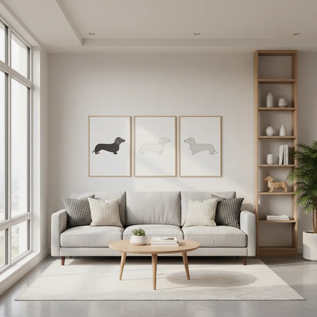 Modern living room with subtle dachshund themed decorations and wall art