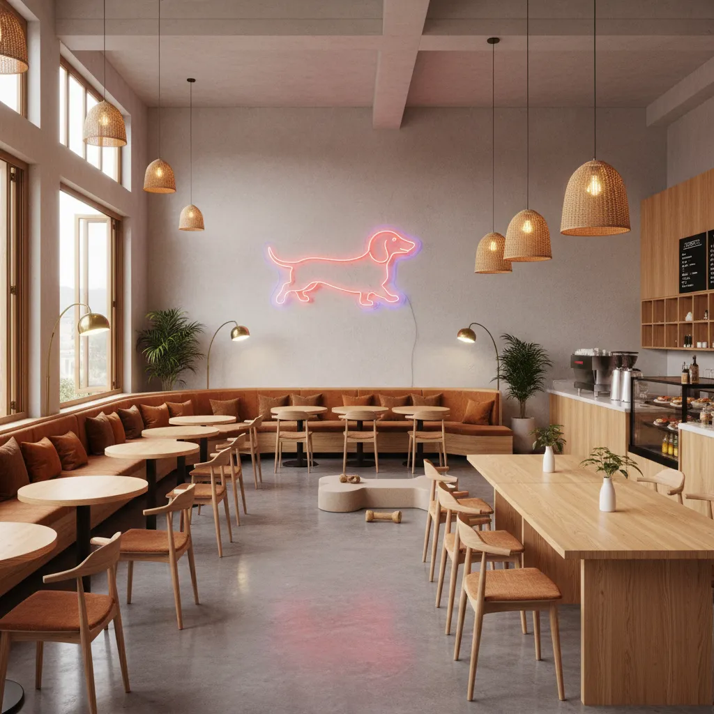 Dog friendly cafe layout with dachshund themed seating and signage