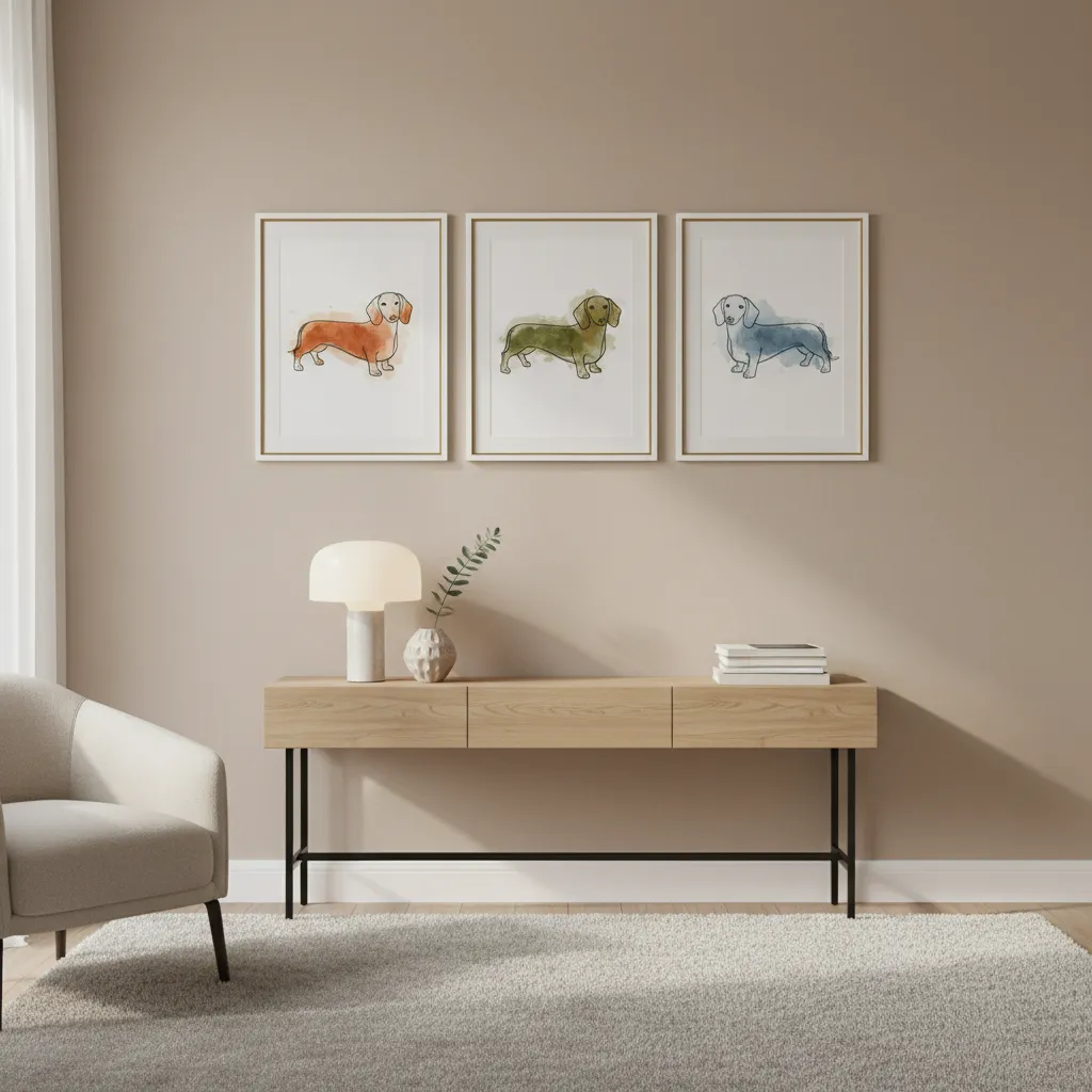 Gallery wall with properly arranged dachshund themed artwork