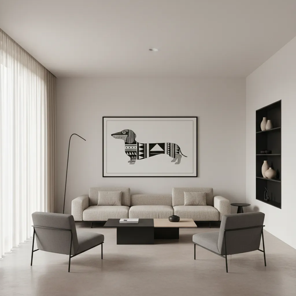 Modern living room with framed dachshund artwork above sofa