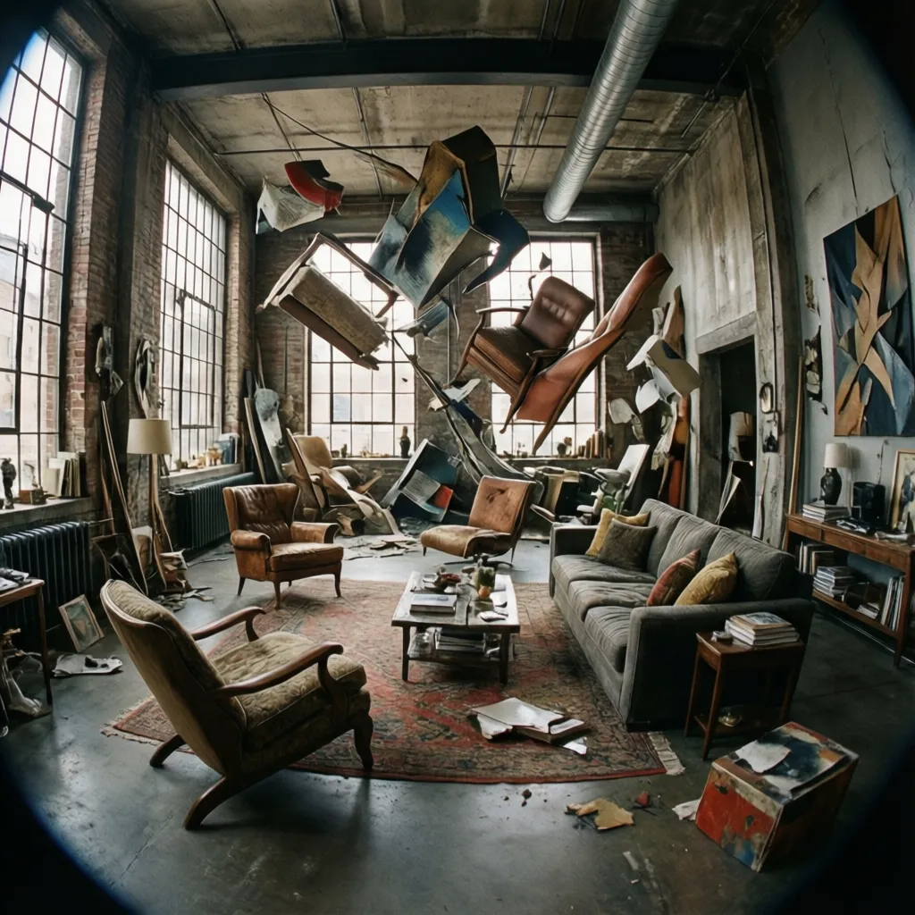 Loft artístico con piezas decorativas inusuales y arte conceptual