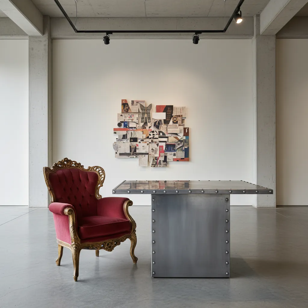 Sala con silla barroca dorada junto a mesa industrial metálica