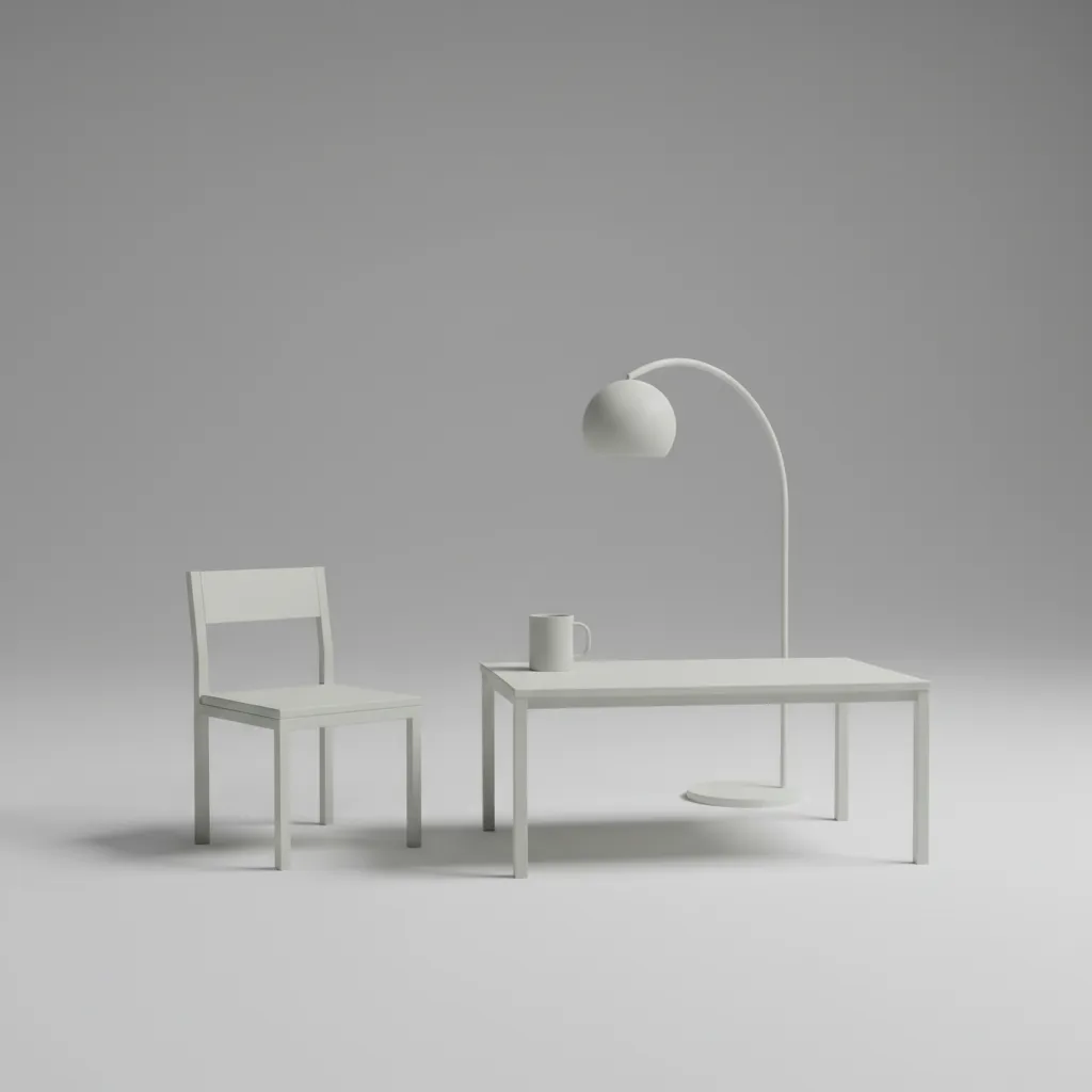 Minimalist interior scene featuring a white chair and a table with a mug and lamp