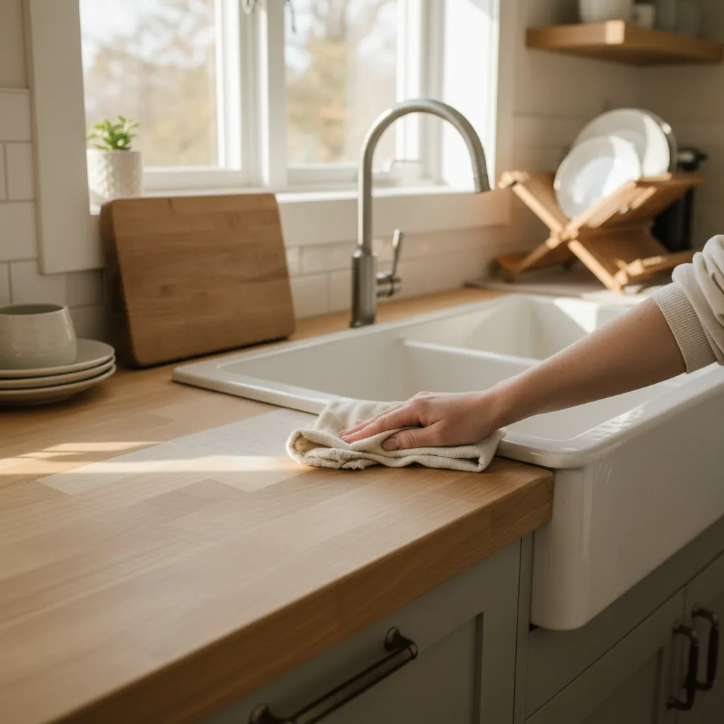 cleaning a farmhouse kitchen countertop with soft cloth and mild cleaner