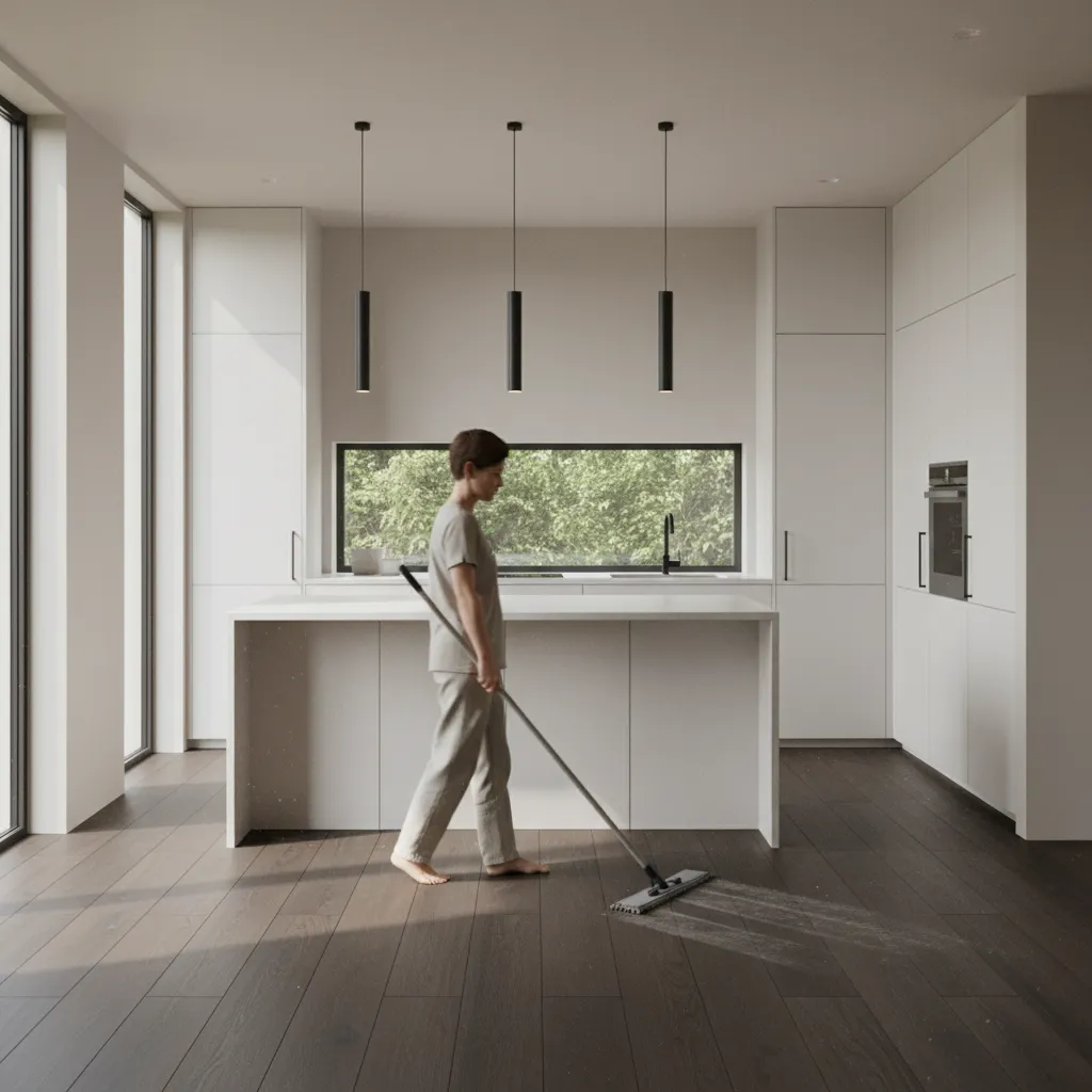 Homeowner doing quick daily dust mop on dark kitchen floor