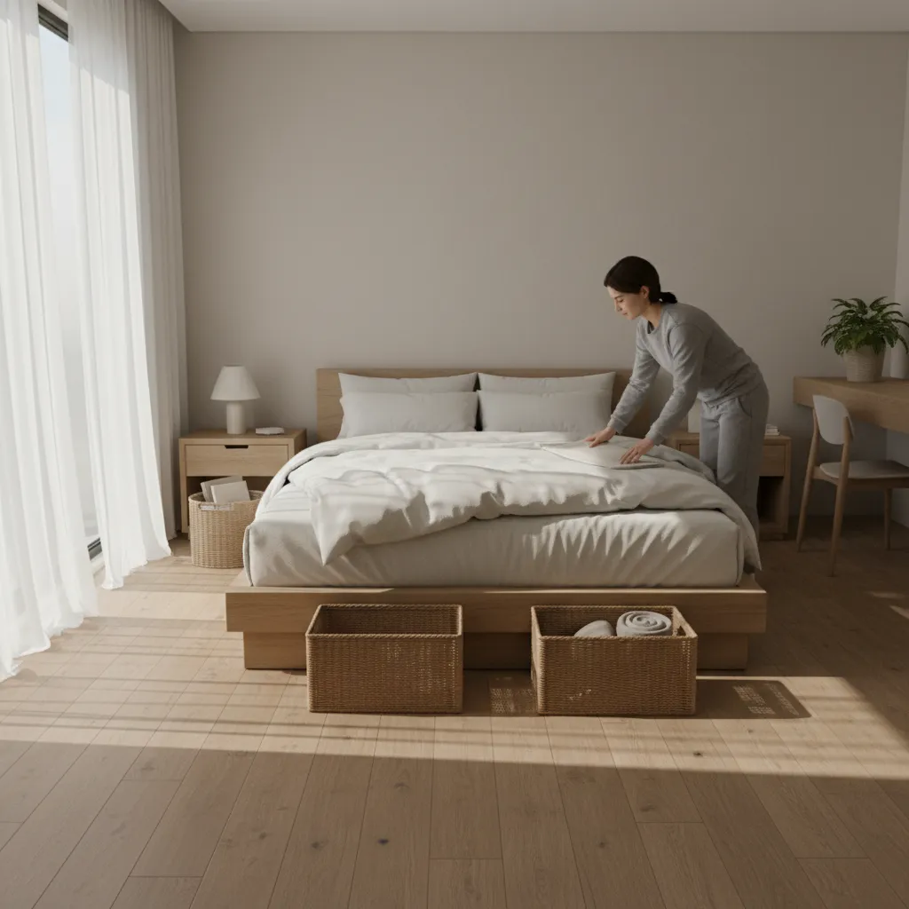 Woman tidying a minimalist bedroom by making the bed in a room with wooden floors