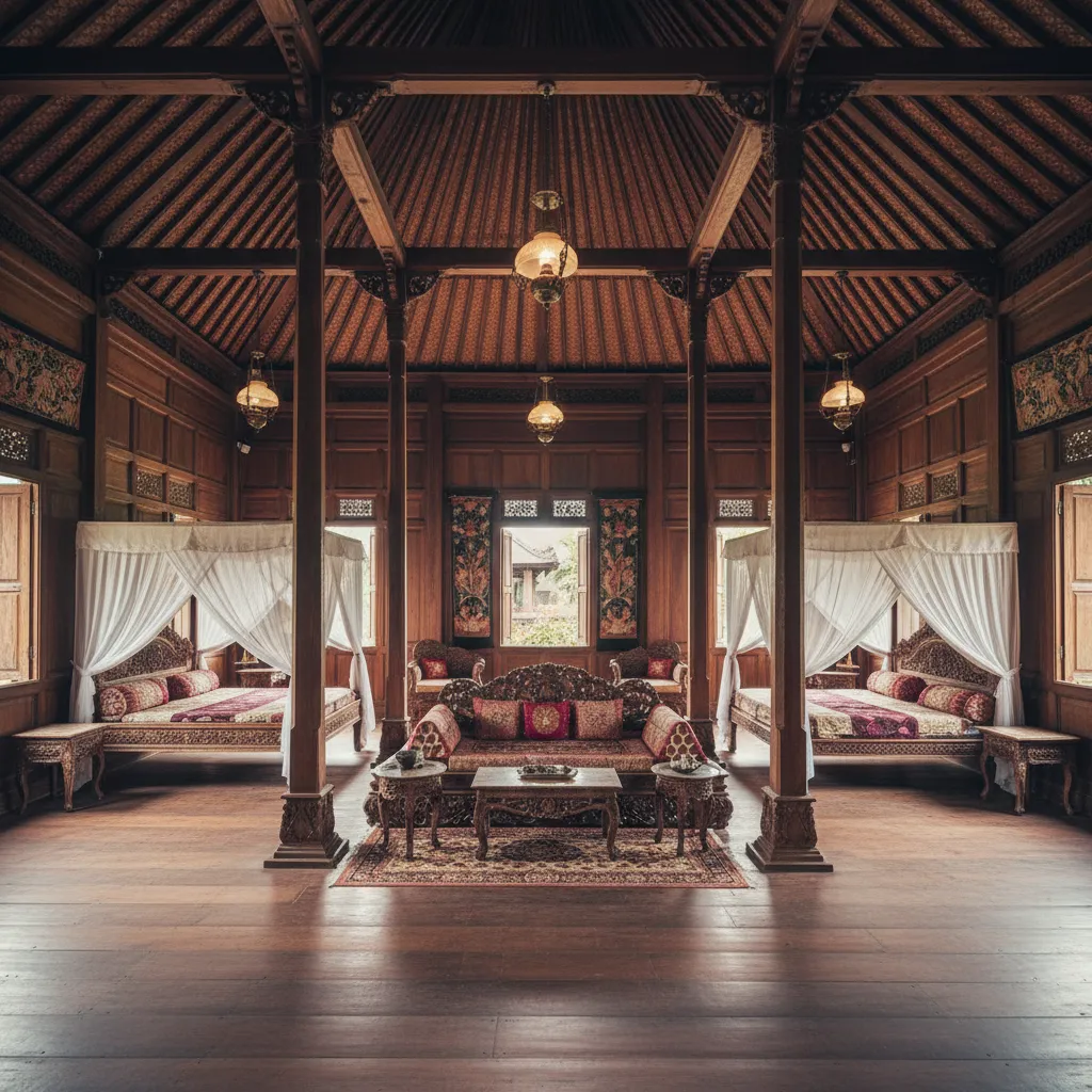 Interior dalem rumah Joglo dengan pencahayaan lembut