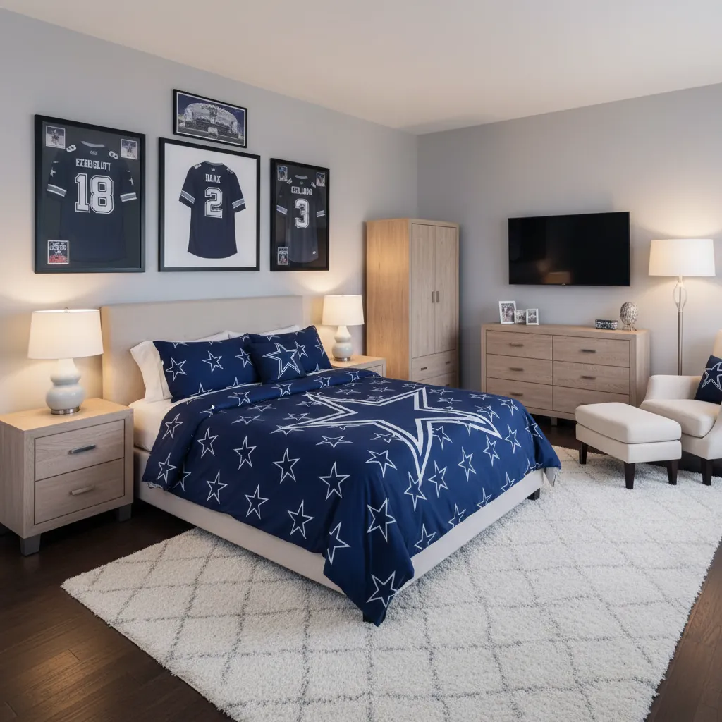 Dallas Cowboys themed bedroom with navy bedding wall art and rug