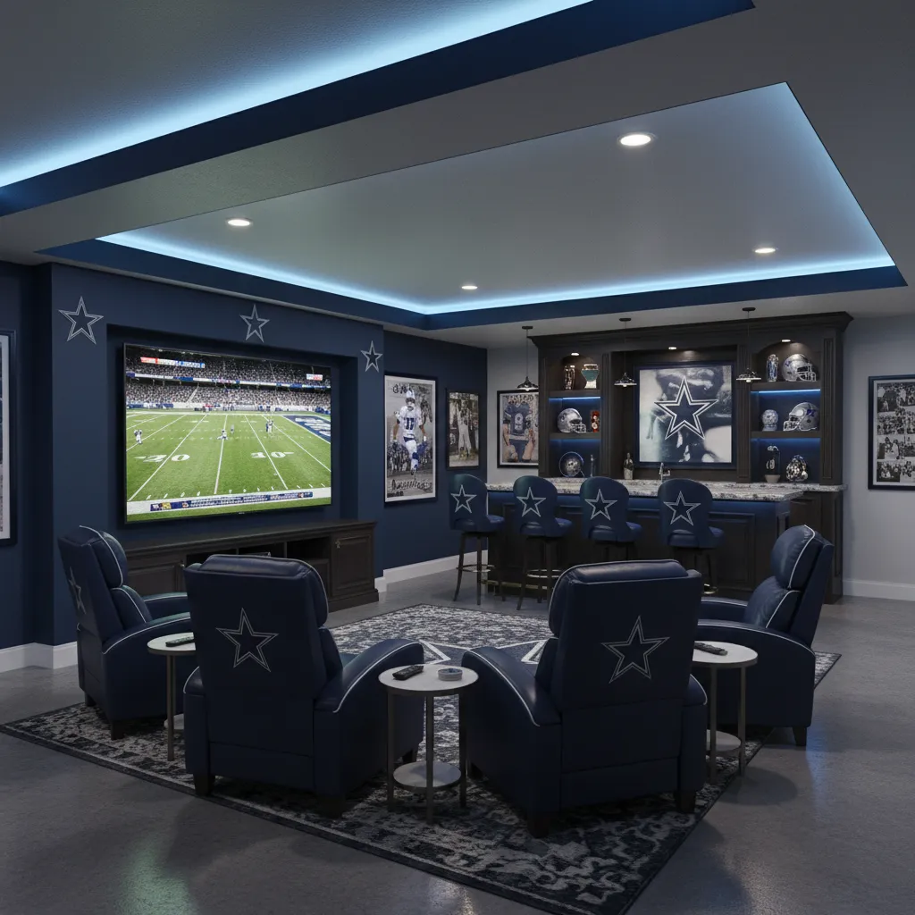 Dallas Cowboys themed fan cave with large TV and stadium seating