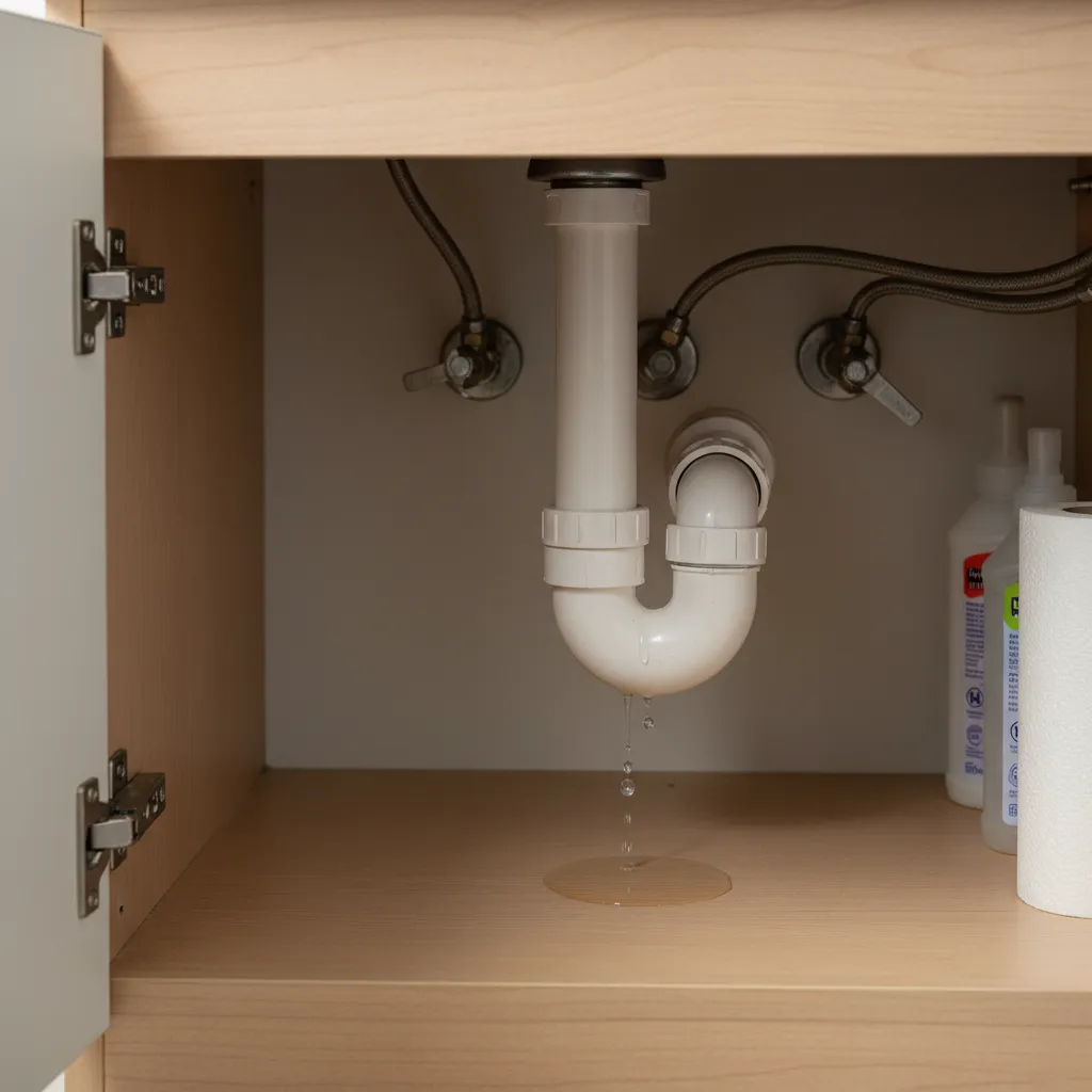 Leaking bathroom drain pipe under sink cabinet