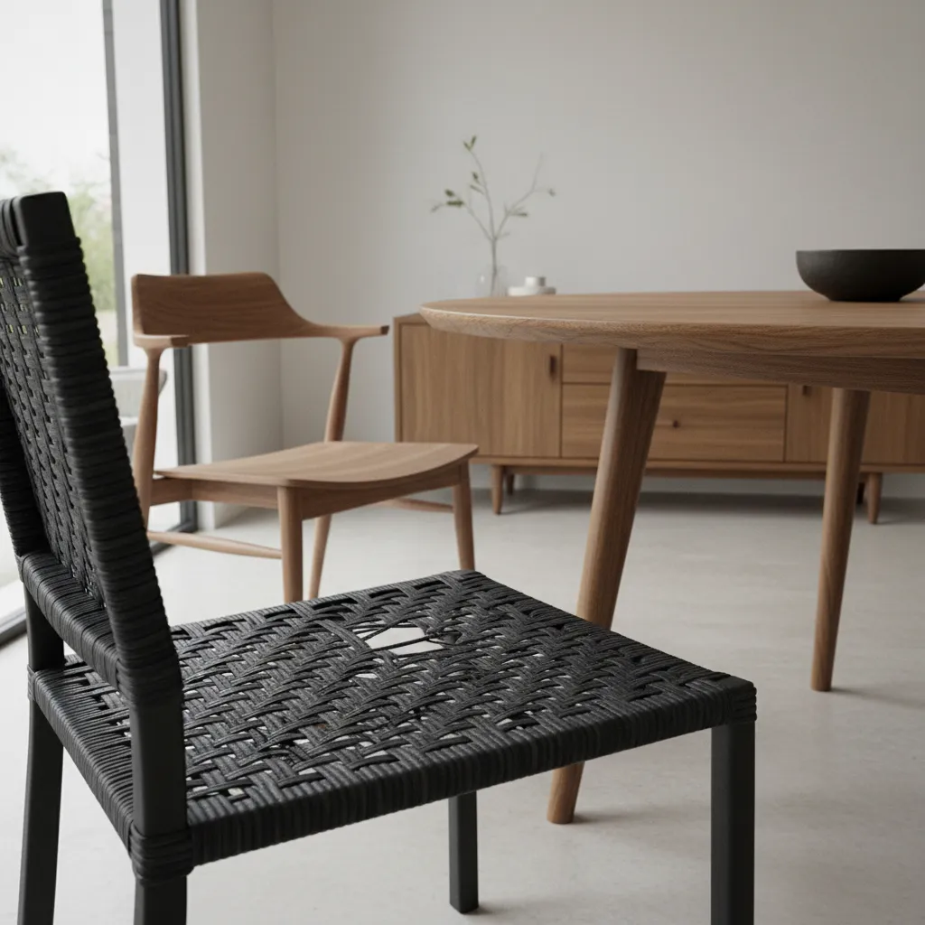 Black wicker dining chair with broken strands on the seat
