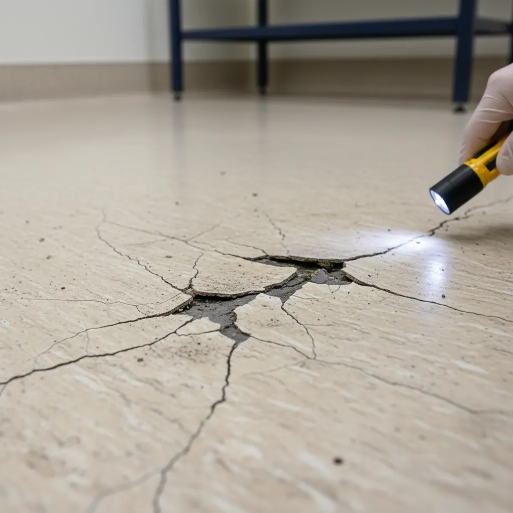 close view of cracked vinyl flooring in a medical clinic