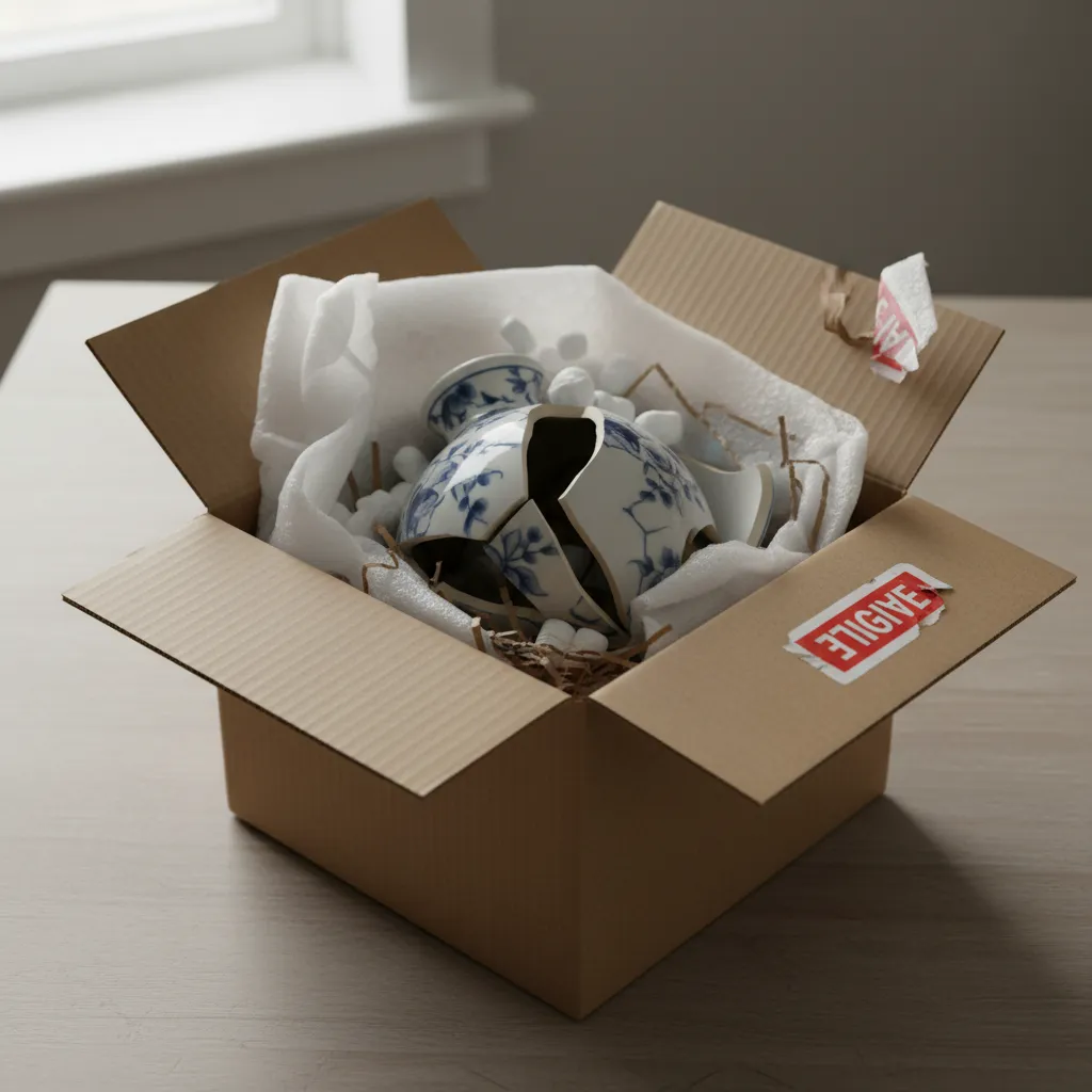 cracked ceramic decor item inside shipping box showing delivery damage