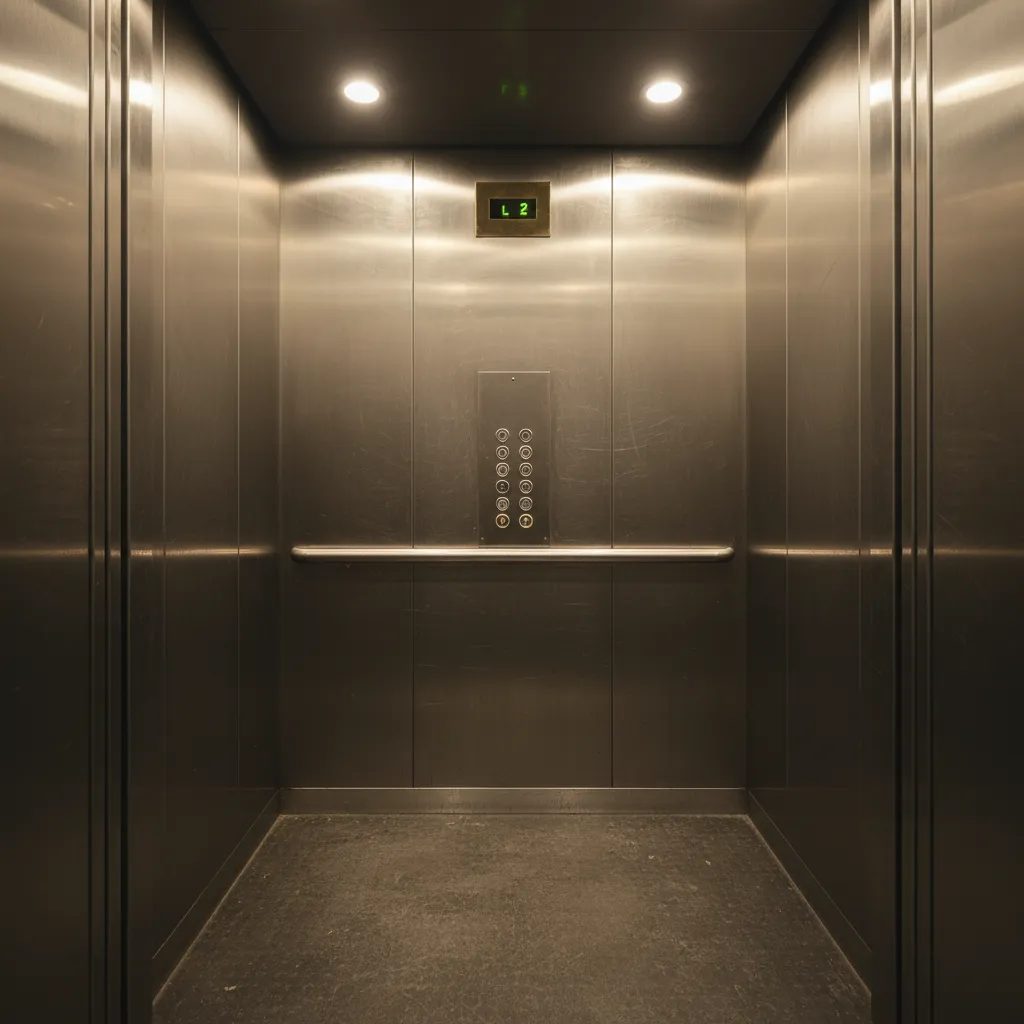 Old elevator interior with scratched metal panels dim lighting and worn flooring