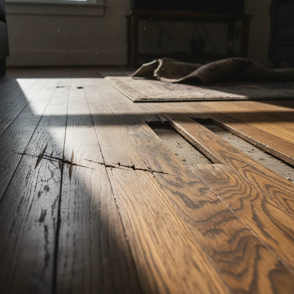 close view of scratched warped and damaged hardwood flooring in home