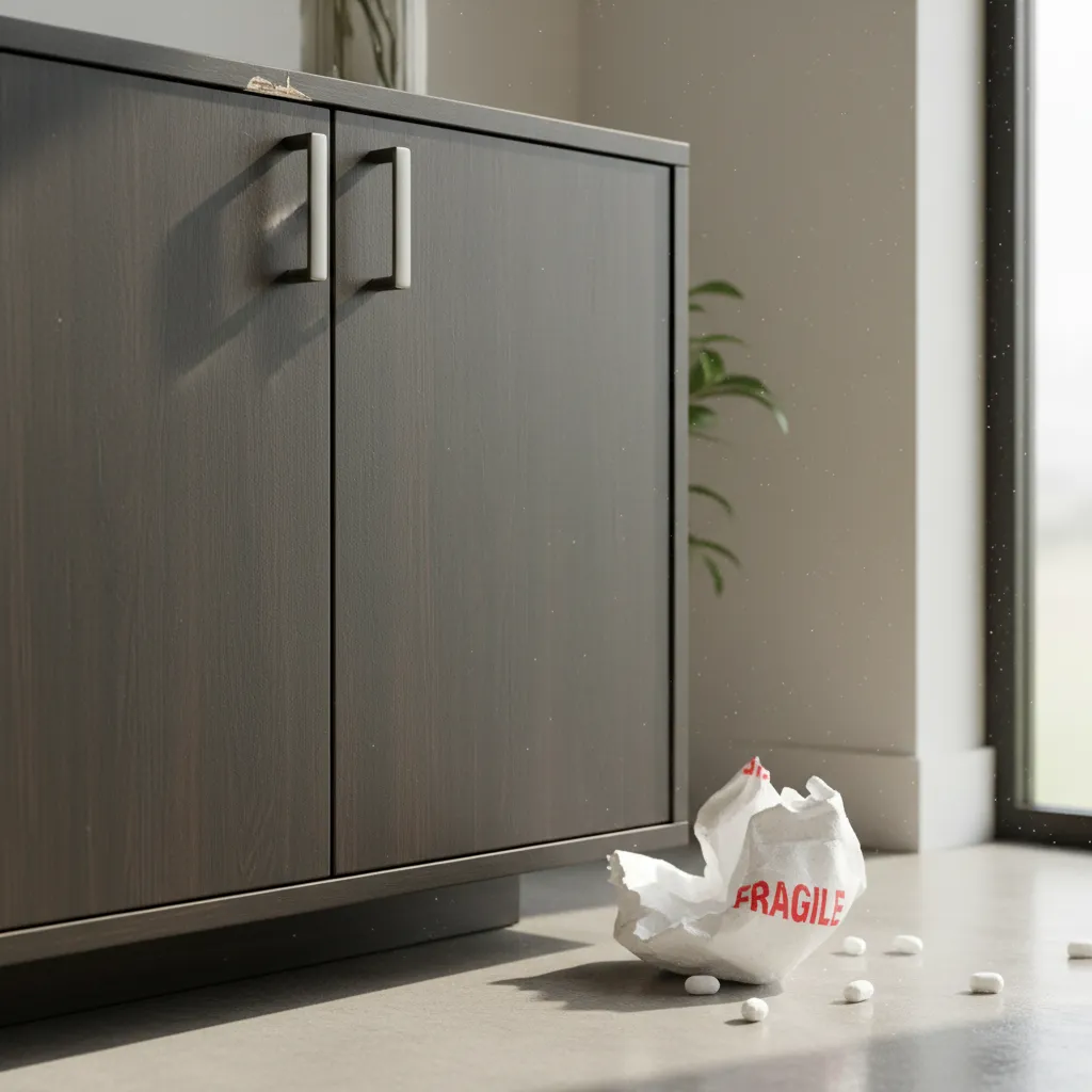 close up of damaged cabinet corner from shipping