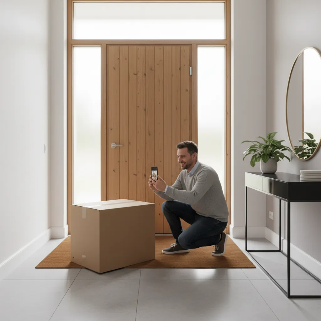 Homeowner inspecting damaged furniture packaging during delivery