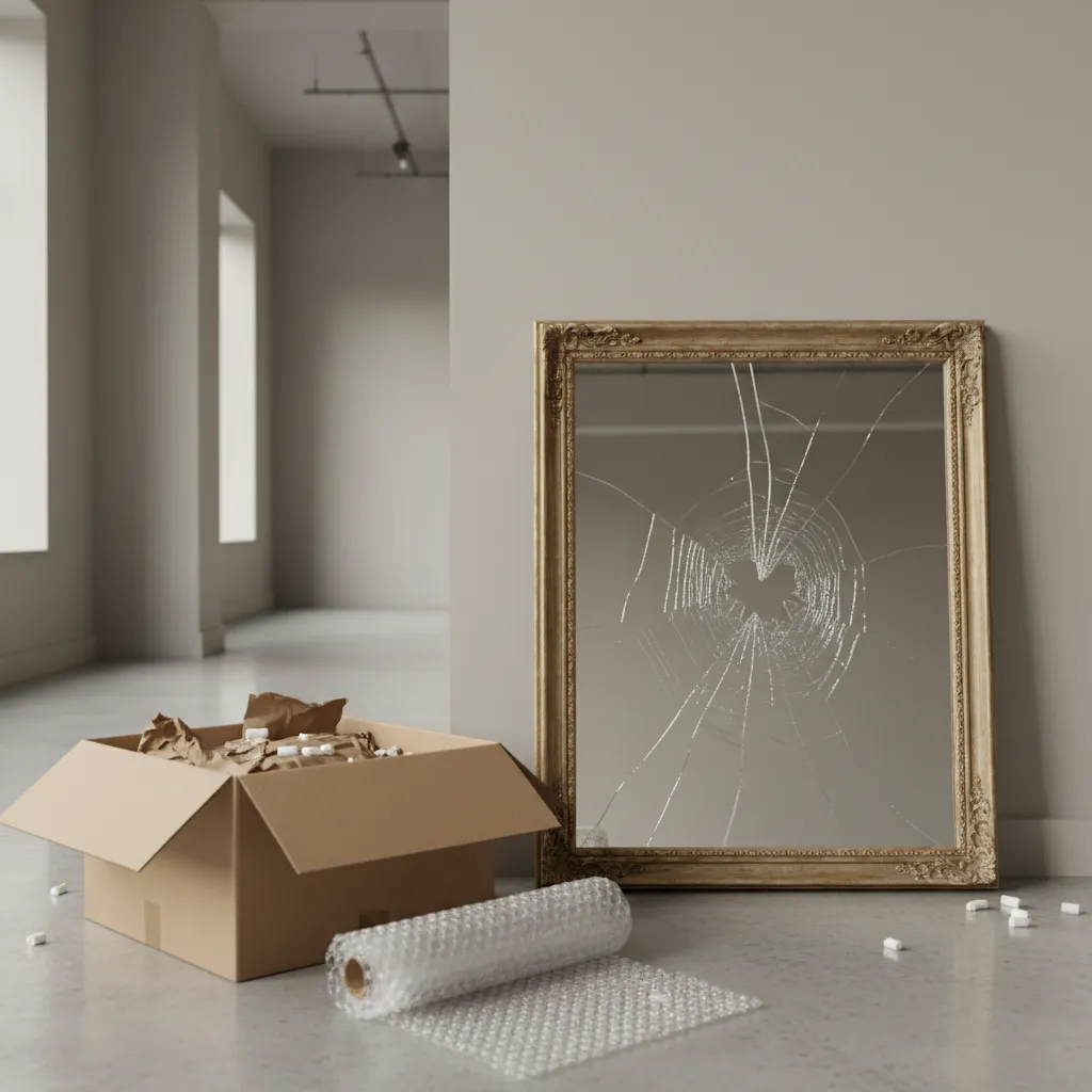 cracked mirror frame from shipping damage with packaging box nearby