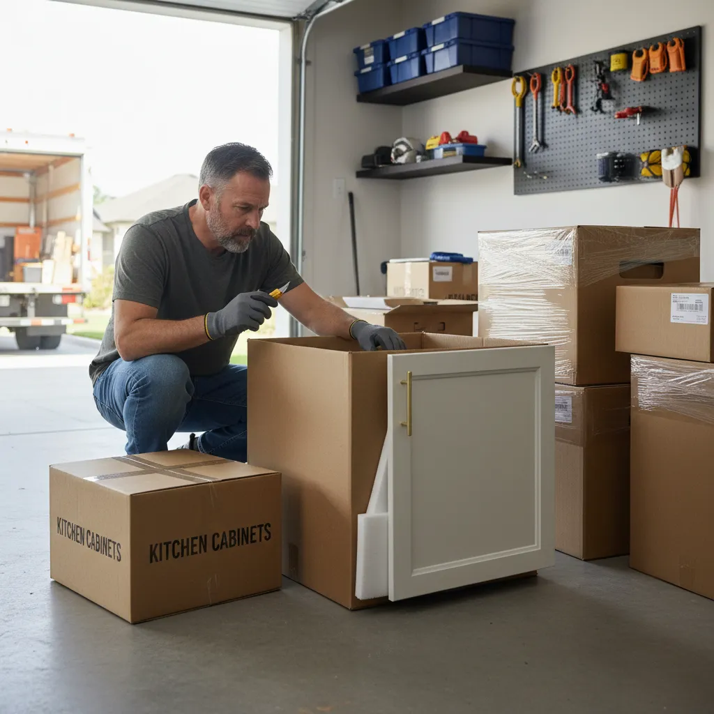 Homeowner inspecting cabinet shipment damage during delivery