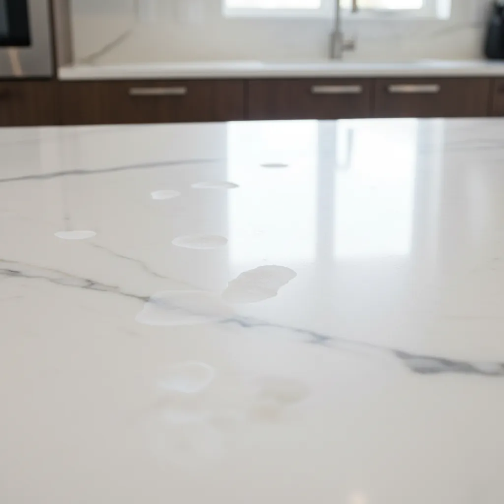 Close-up of etched marble kitchen countertop caused by harsh cleaner