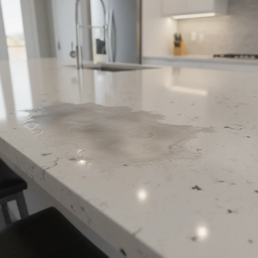 etched dull patch on quartz countertop from harsh cleaner