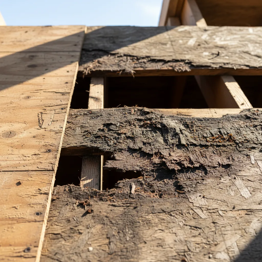 Close-up of rotted roof decking wood revealed after shingles removed