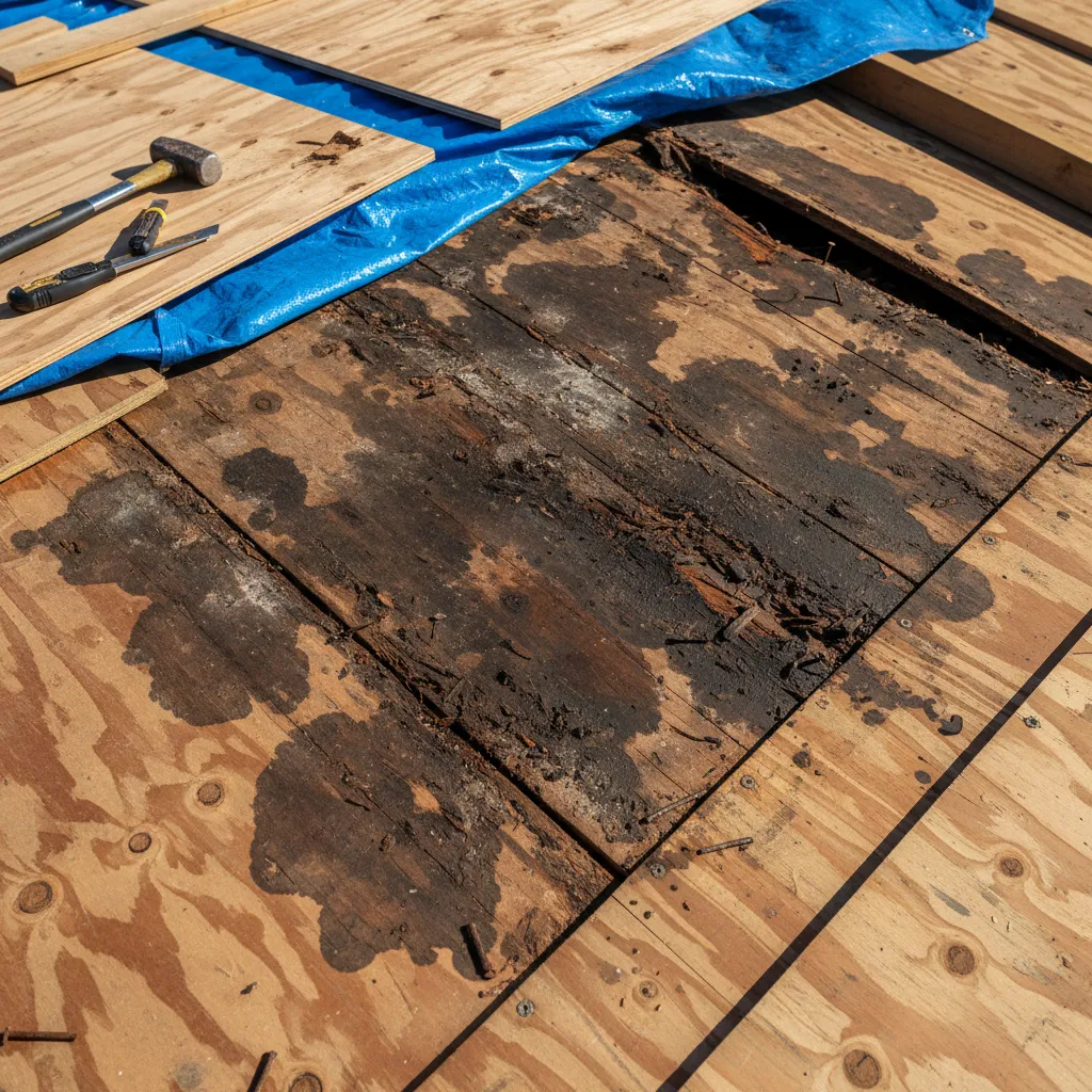 Close view of rotting roof decking and water damage beneath shingles