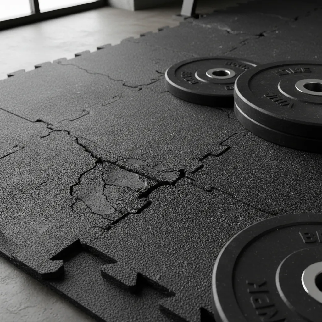 cracked rubber gym flooring tile in weightlifting area