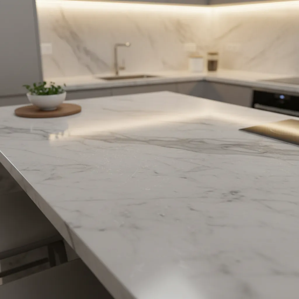 Etching damage visible on a marble kitchen countertop surface