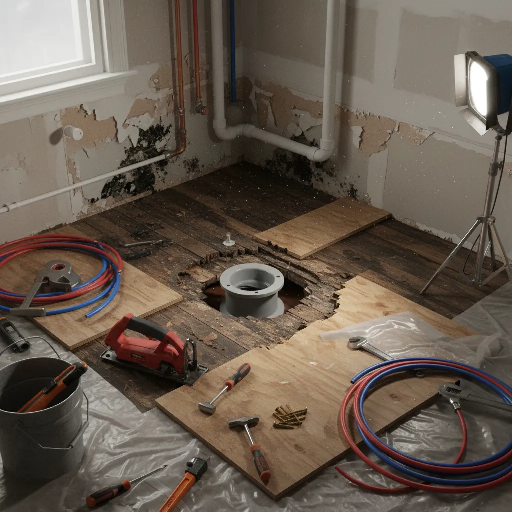 damaged wooden subfloor around toilet flange during repair