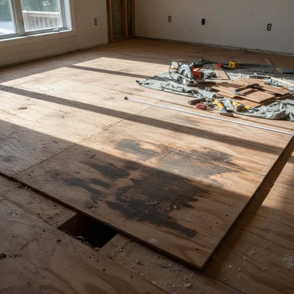 Exposed damaged plywood subfloor during laminate flooring removal