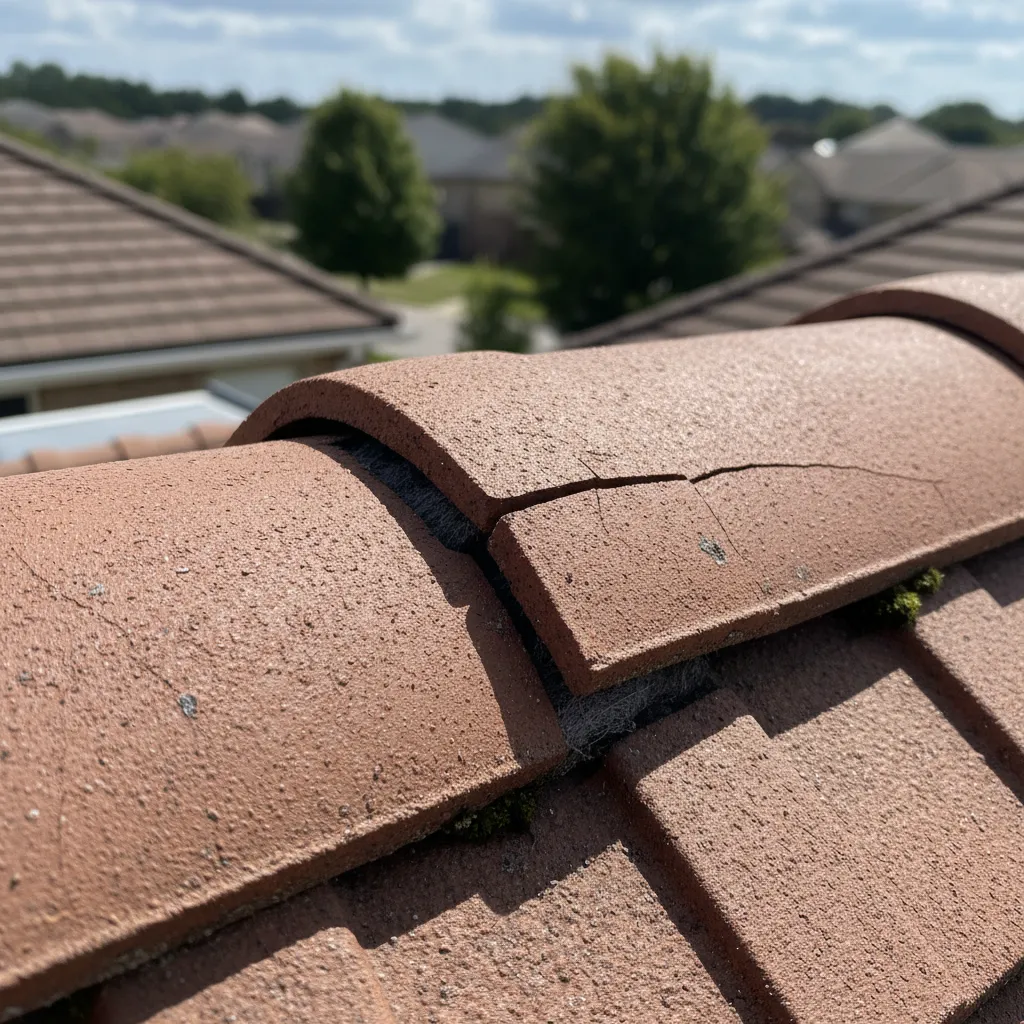 Cracked synthetic terracotta roof tile on a residential rooftop