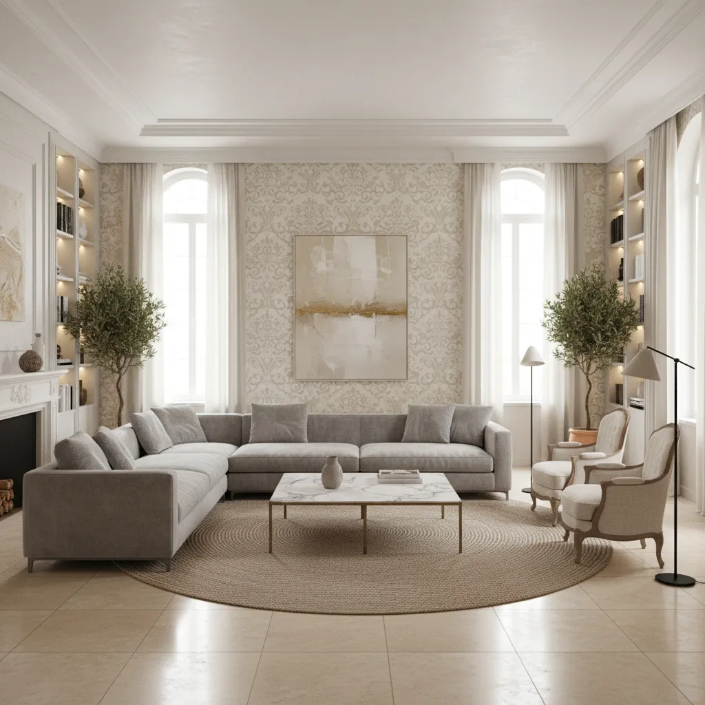 Elegant living room with large damask wallpaper statement wall behind a sofa