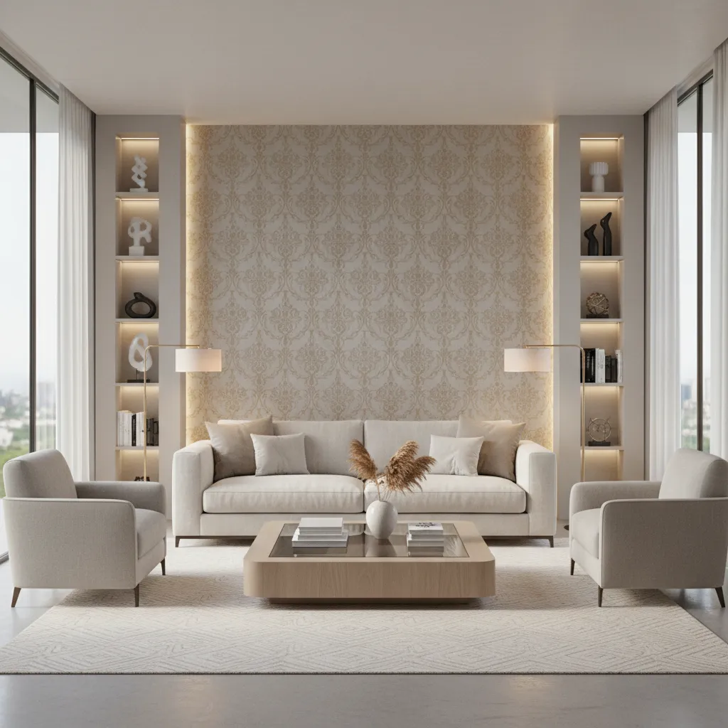 Living room layout with damask wallpaper accent wall behind sofa