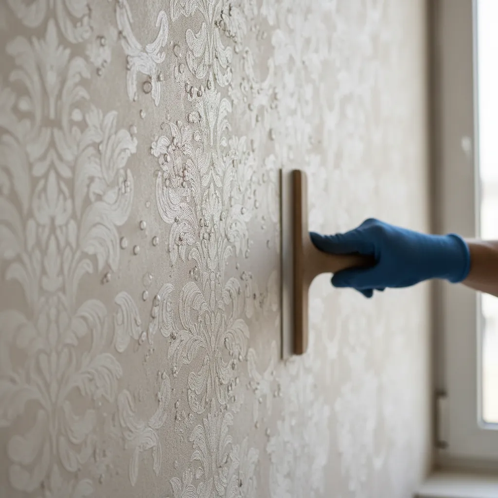 Close view of damask wallpaper wall showing air bubbles after installation