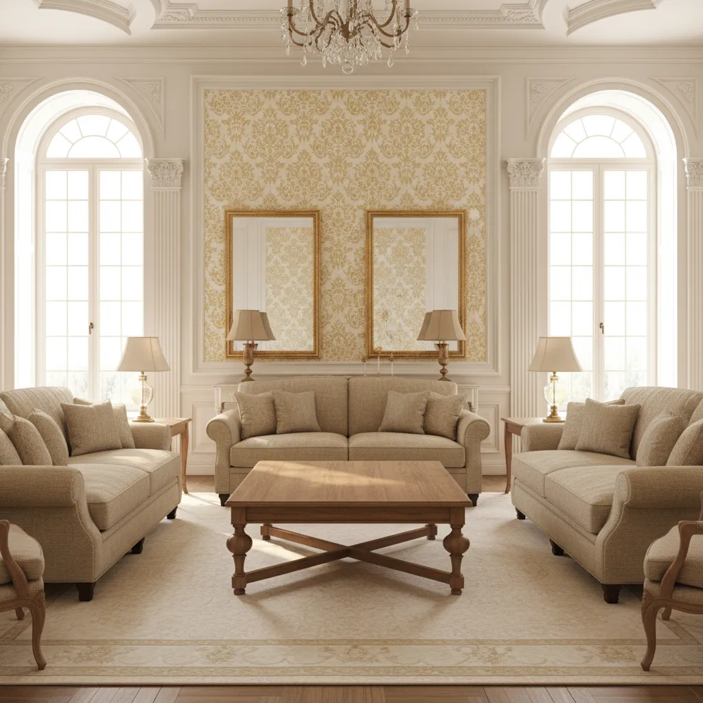 Elegant living room featuring classic damask wallpaper and traditional furniture