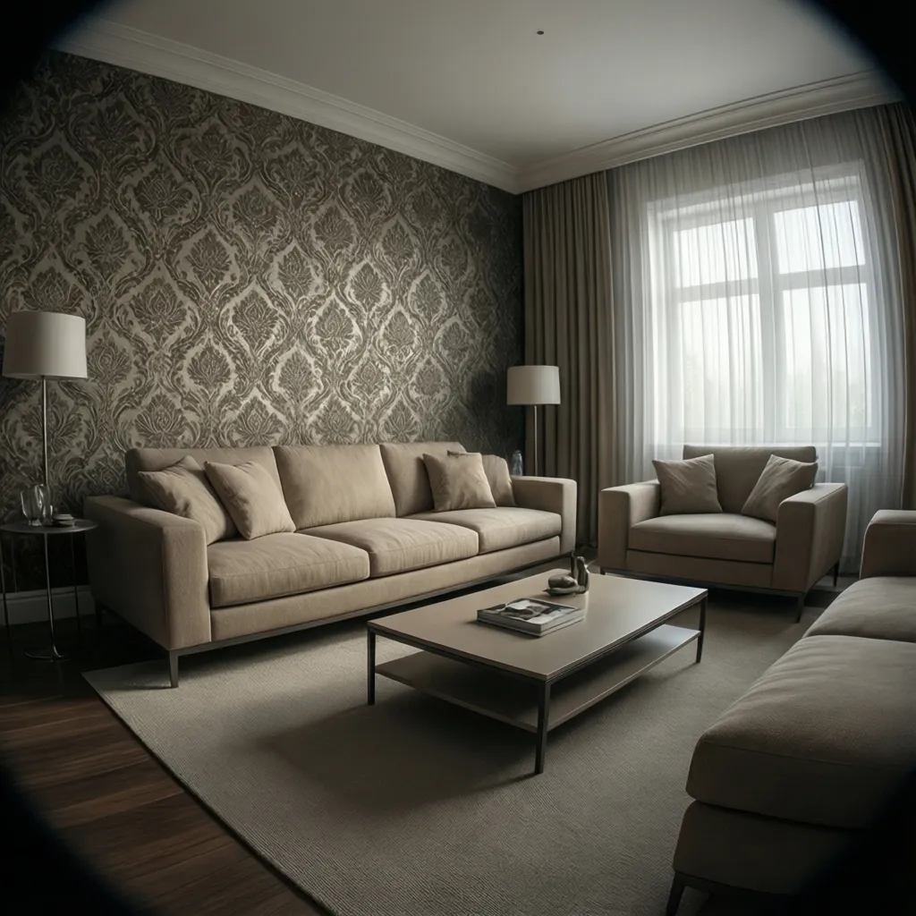 Living room with damask wallpaper accent wall and neutral sofa