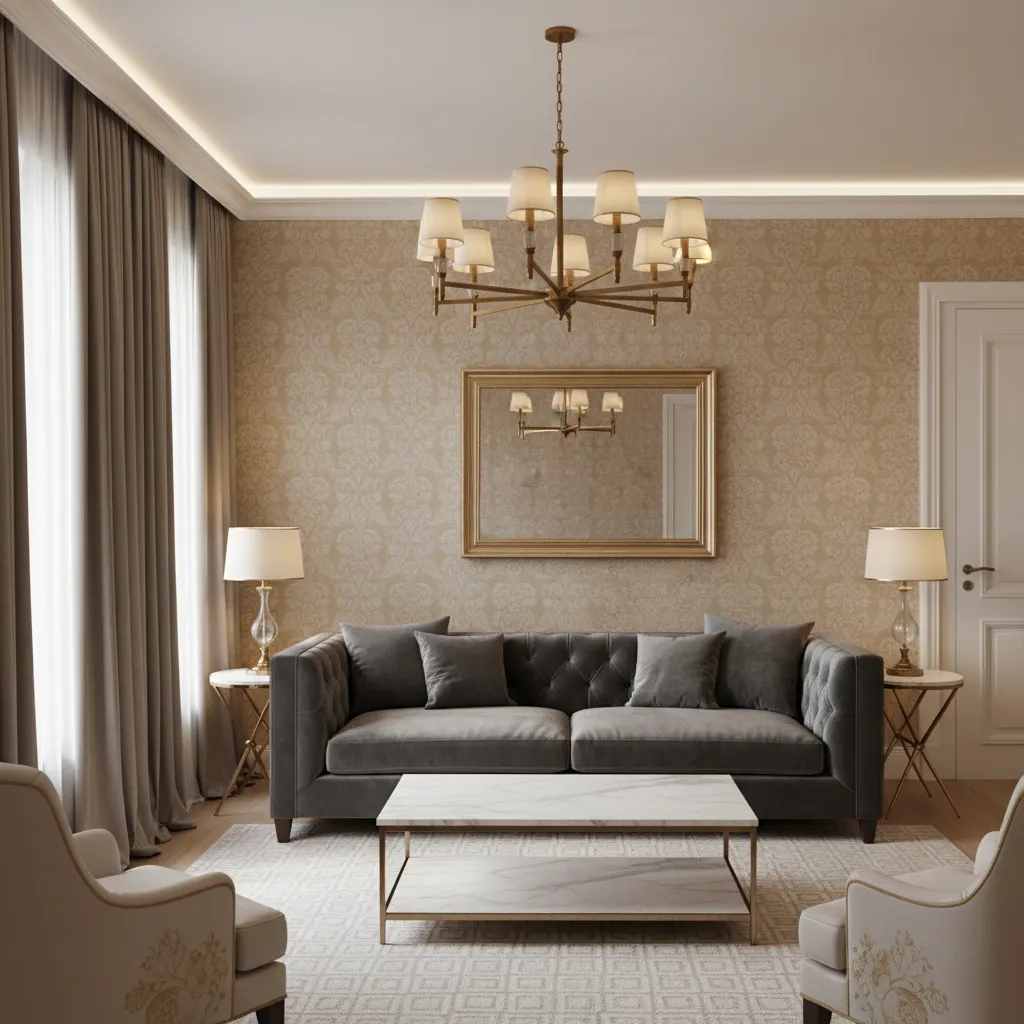 Luxury living room combining damask wallpaper with velvet sofa and marble table